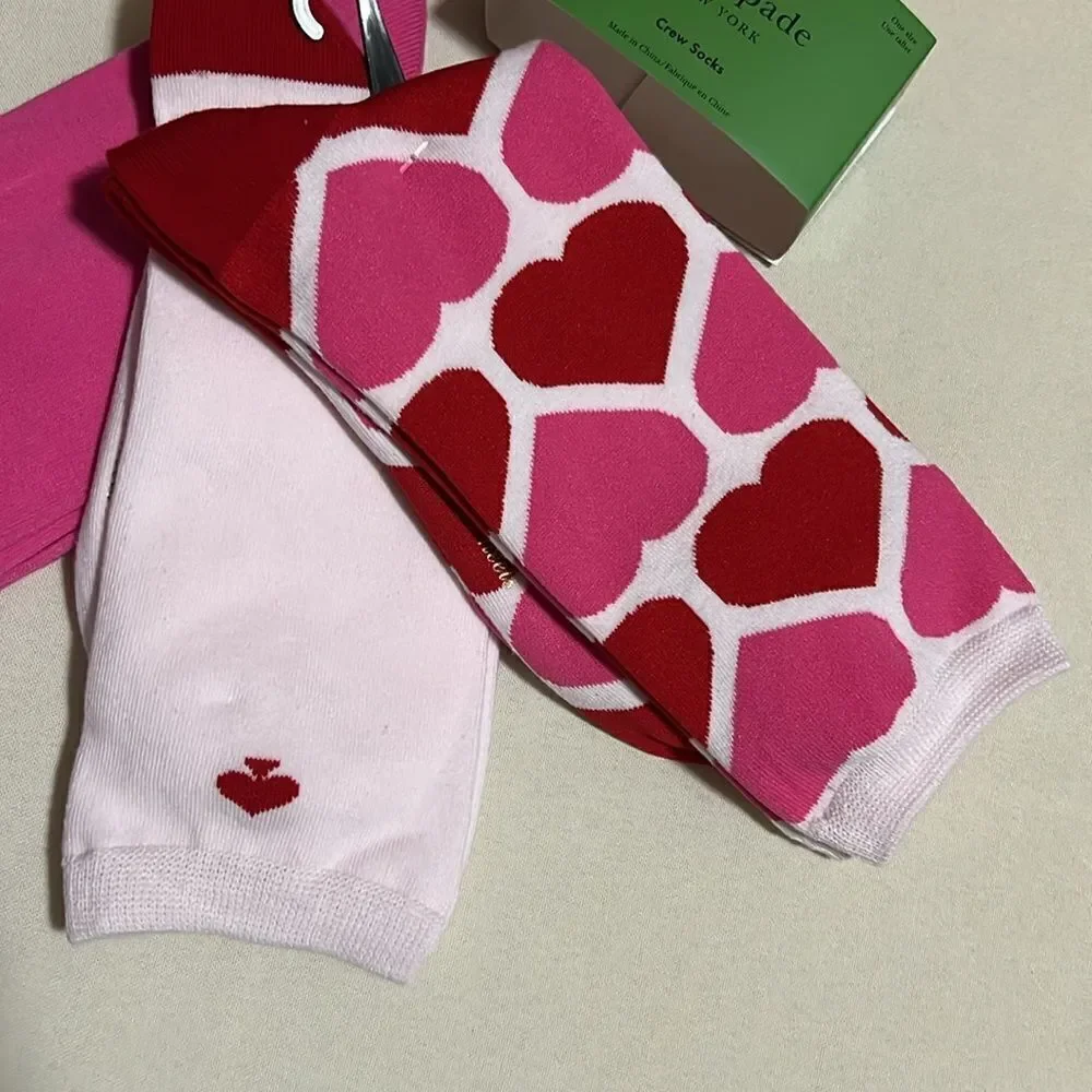 Kate Spade Pink Heart Print Crew Socks 3 Pack